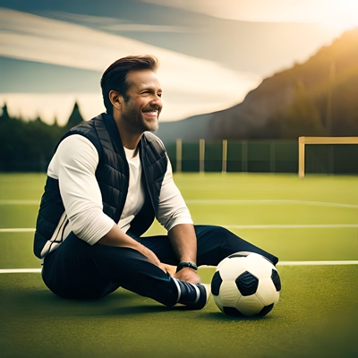 Un hombre sentado en el césped con un balón de fútbol, intentando hacer la mejor predicción