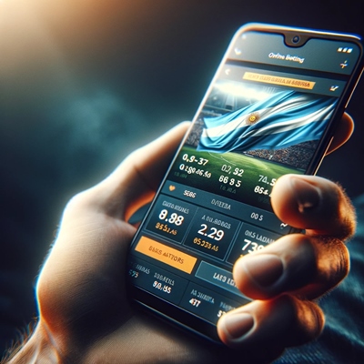 Una mano sostiene una aplicación de apuestas deportivas con los colores de Argentina